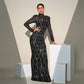 Black Sequined Long Sleeve Round Neck Evening Dress