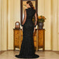 Black Sequined Long Sleeve Round Neck Fishtail Gown