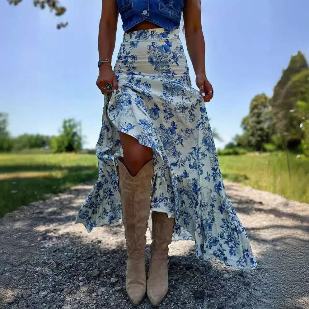 Floral Split-Print Pleated Big-Hem Skirt