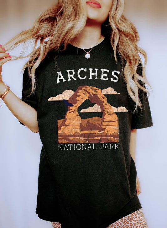 Arches National Park Vintage Style Landscape Art Featuring Red Rock Arches And Desert Sky Comfort Colors Tee