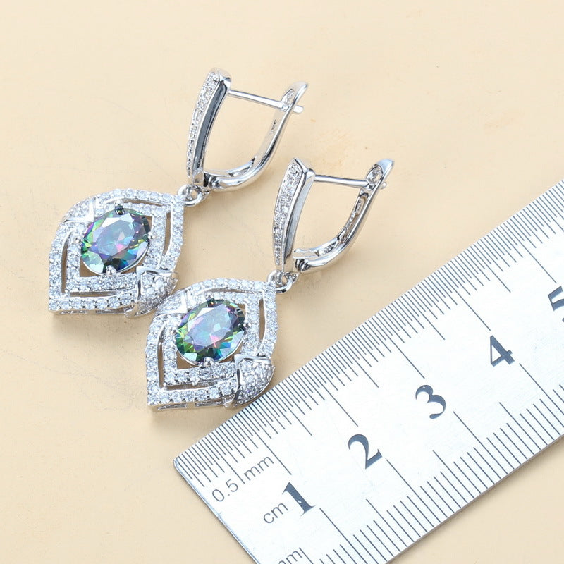 Inlaid Gemstone Pendant Earrings Necklace And Ring For Women 4 PCs Set