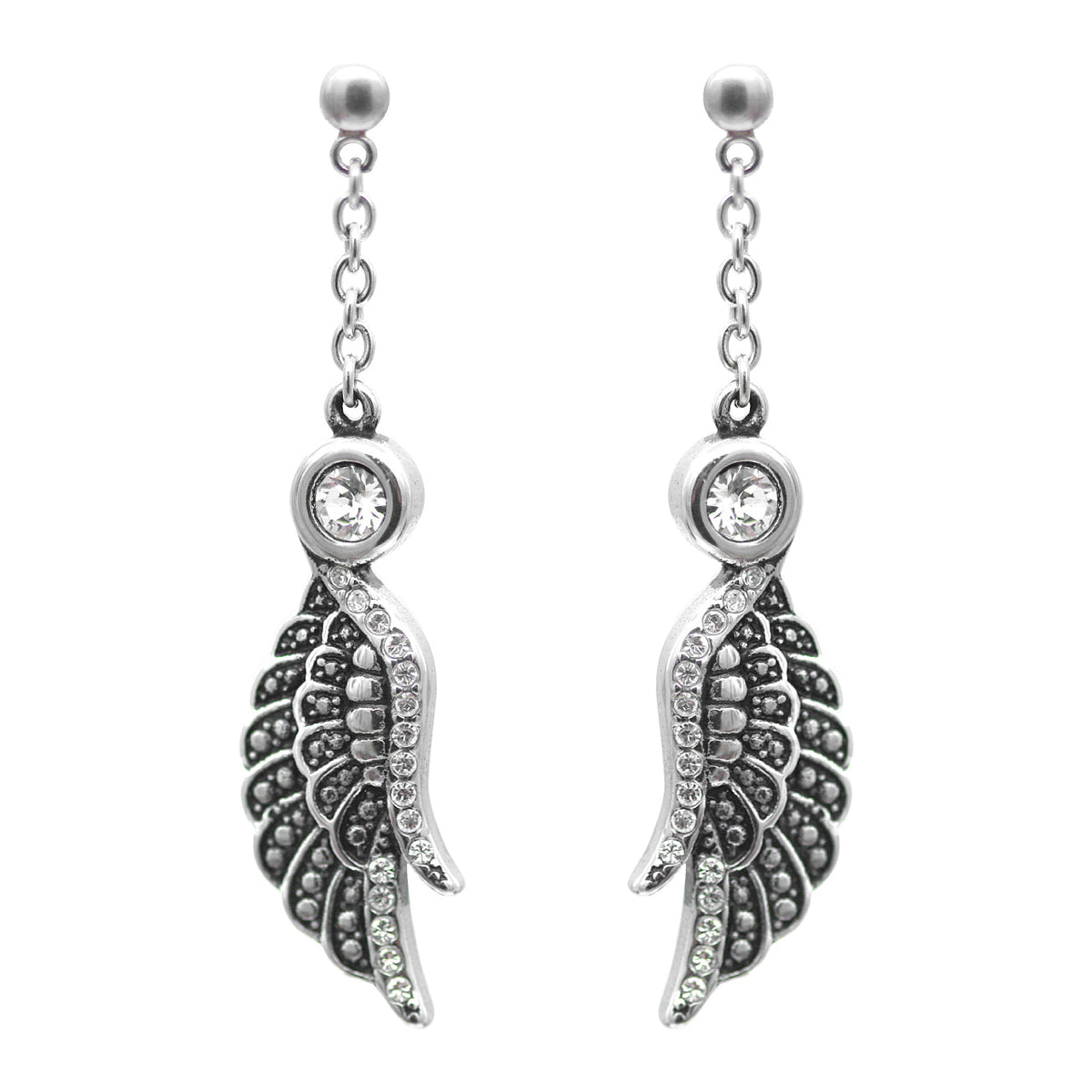 Crystal Silver Dangle Wing Earrings Shimmering Angel