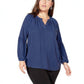 Ny Collection Blouse Navy Plus Split Neck Bishop Sleeve, Size 2X
