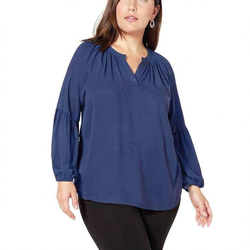 Ny Collection Blouse Navy Plus Split Neck Bishop Sleeve, Size 2X