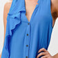 Silk Sleeveless Ruffle Blouse - Asymmetrical Button-Up Top in Orange & Blue | Femstylo