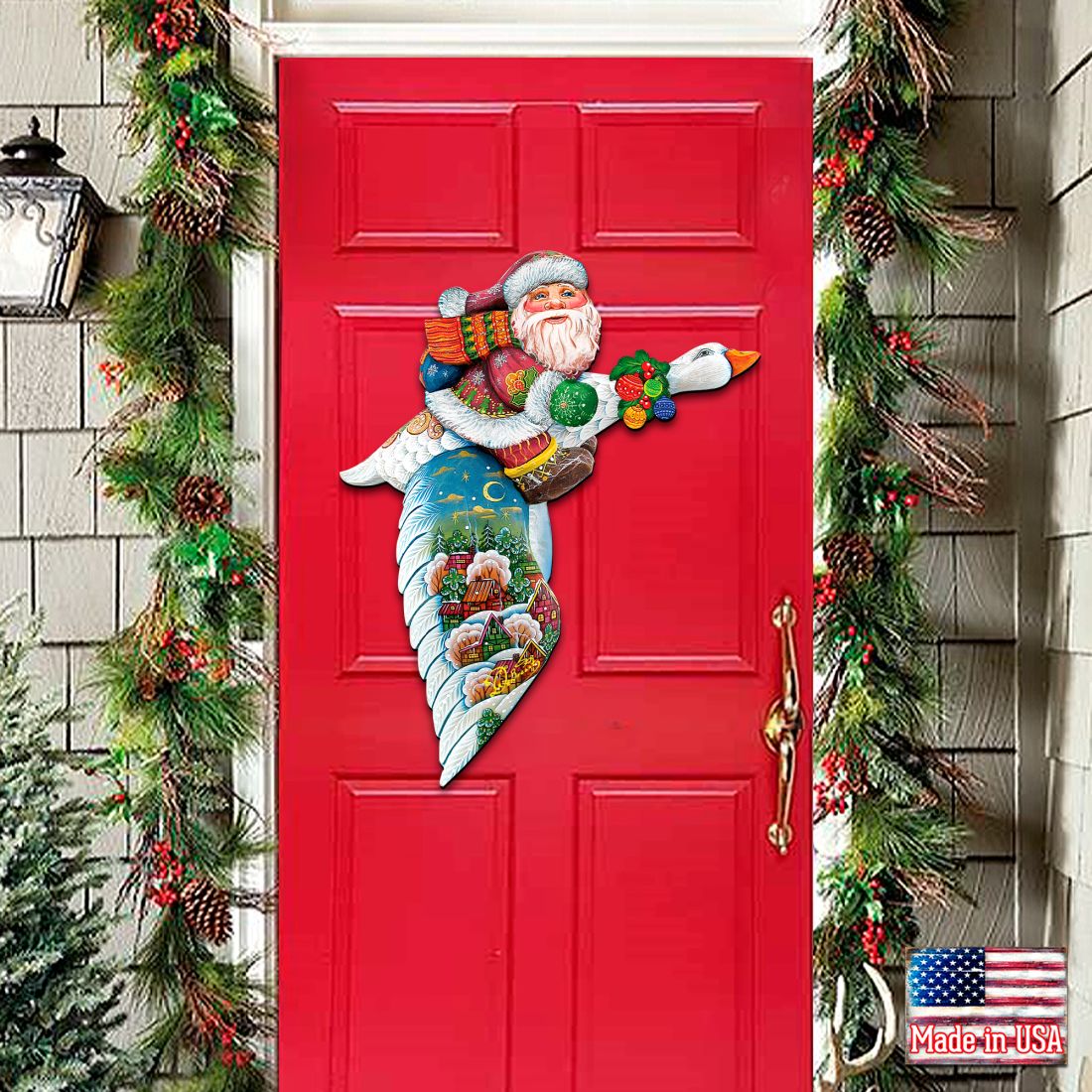 Goose Traveling Santa Christmas Door Decor by G. DeBrekht - Christmas Santa Snowman Decor - 8114060H