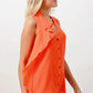 Silk Sleeveless Ruffle Blouse - Asymmetrical Button-Up Top in Orange & Blue | Femstylo
