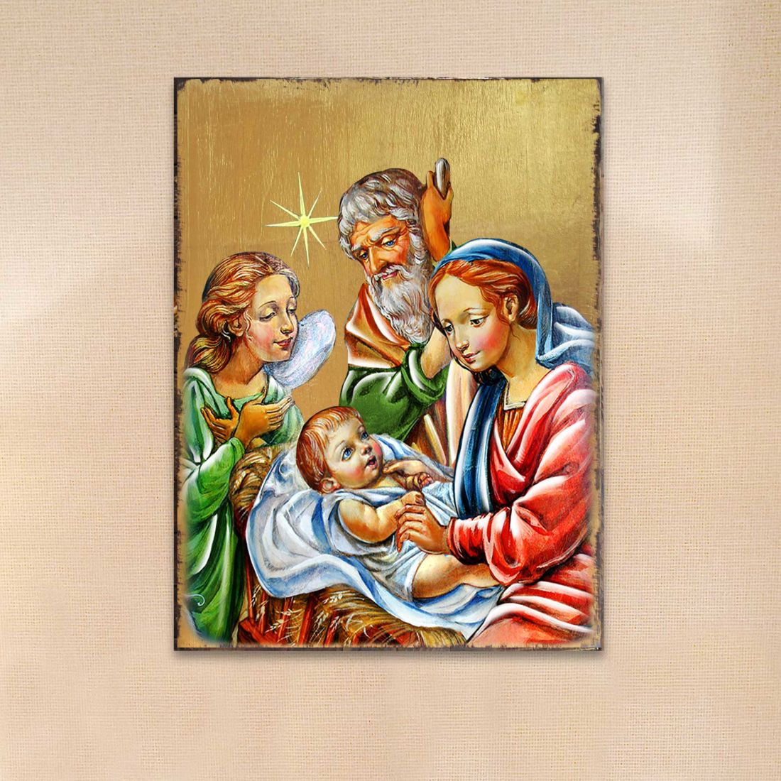 Nativity with Angel Wooden Gold Plated Religious Christian Sacred Icon - Inspirational Icon Decor - 85049