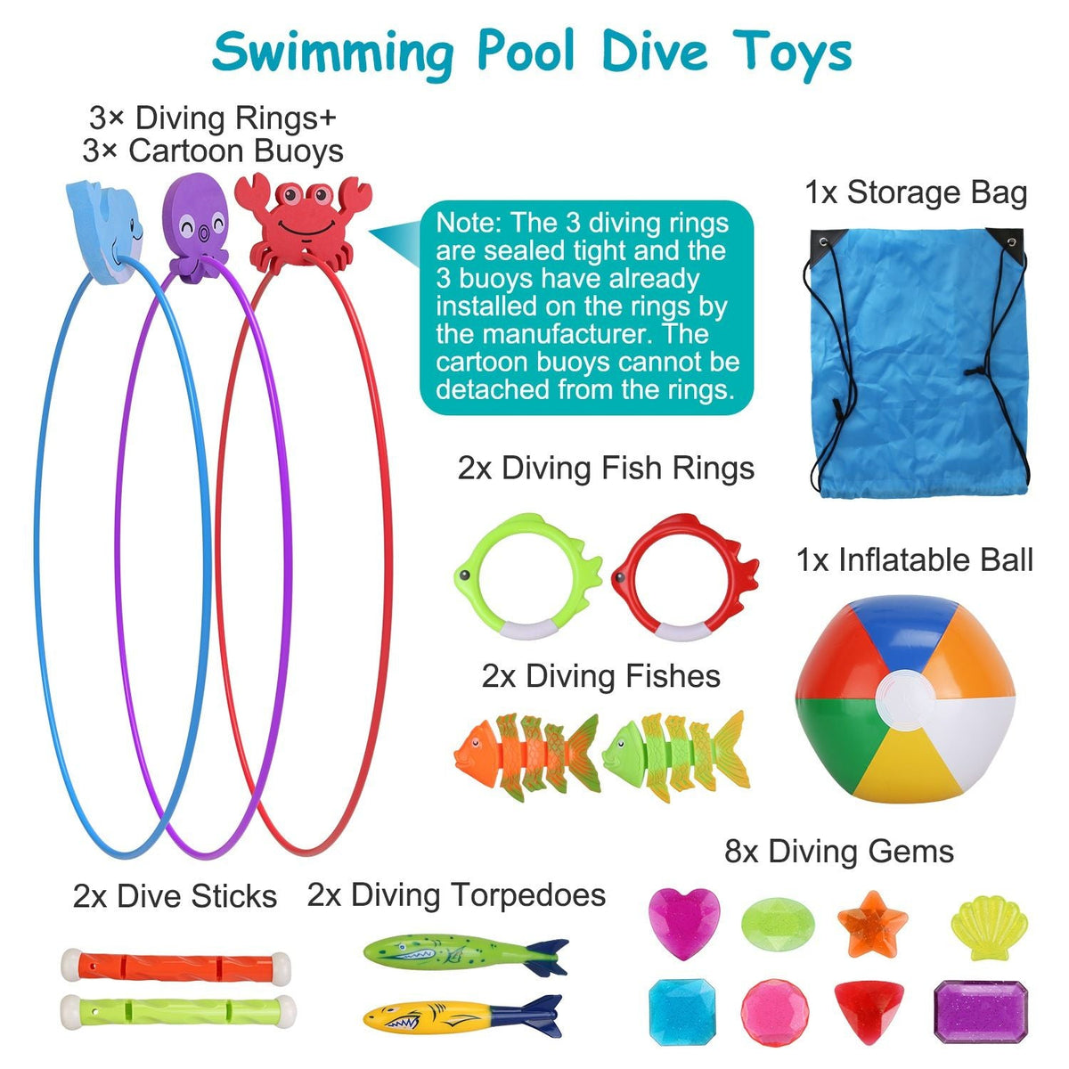 24PCS Kids Diving Pool Toys Set – Rings, Torpedoes, Volleyball