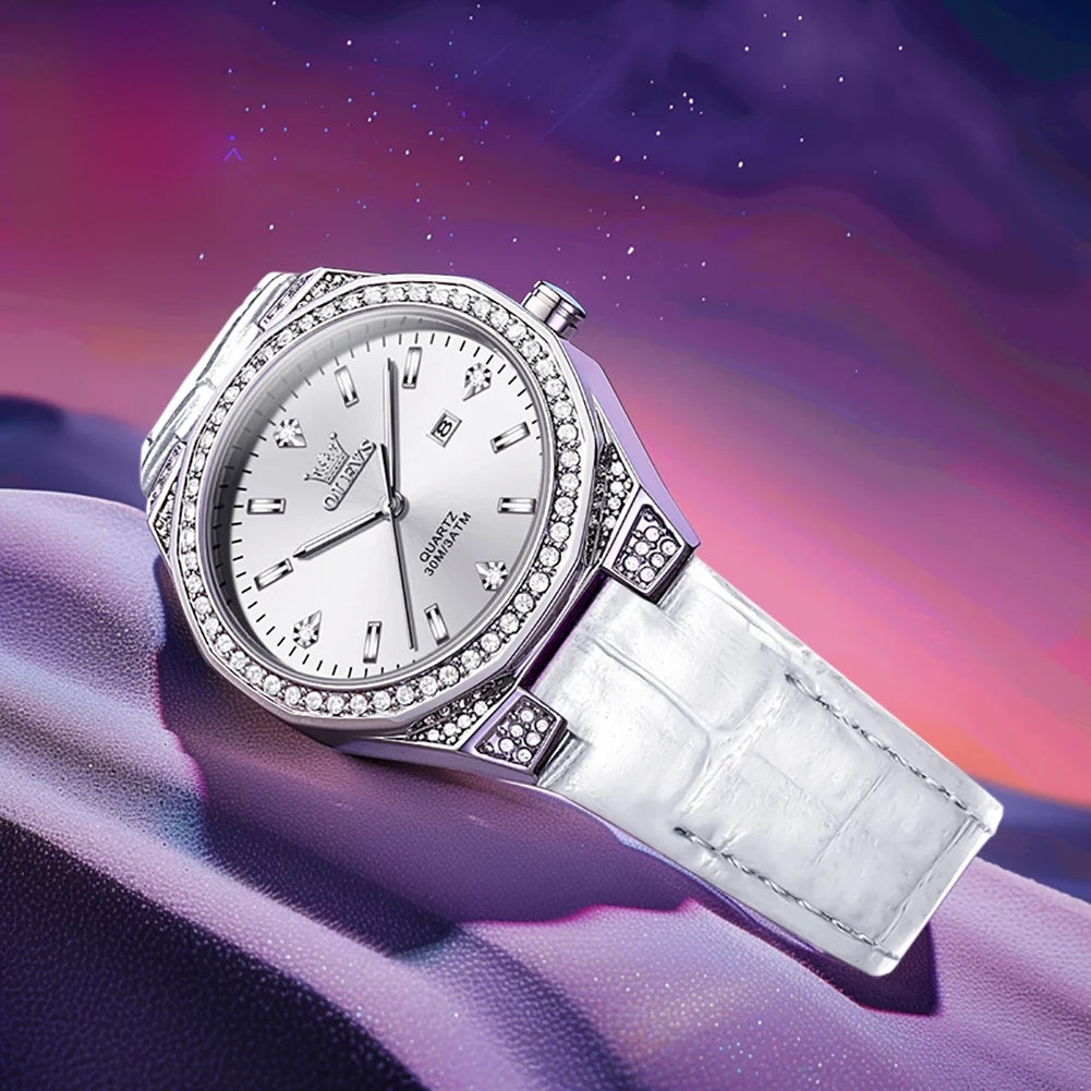 Women's Crystal Bezel Leather Date Watch