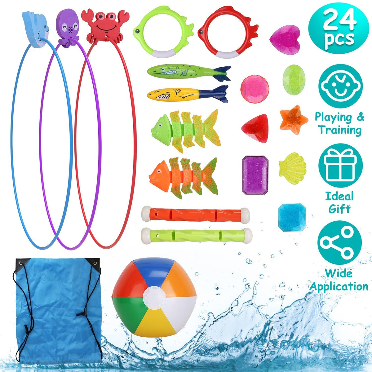 24Pcs Diving Toys Swimming Pool Toys Swim Toys for Kids Aged 3+ Years Old Swim Thru Rings Torpedoes Gems Volleyball Storage Bag
