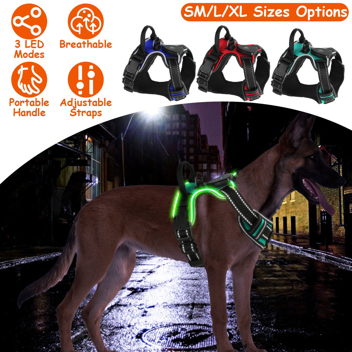 Light Up Dog Harness Rechargeable LED Dog Harness No Pull Lighted Dog Vest with Handle for Small/Medium/Large Dogs