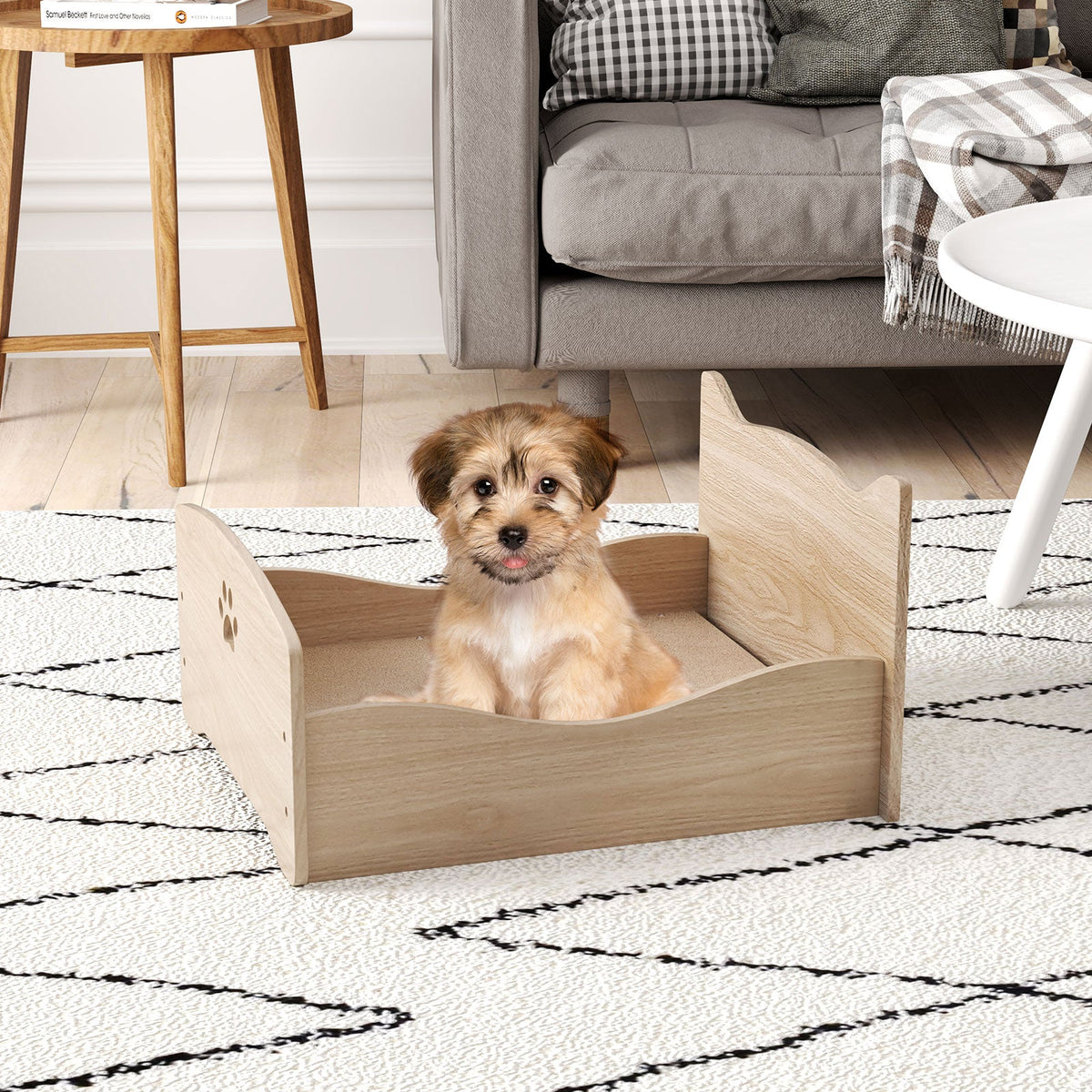 Elevated Pet Bed Frame with Rails and Cute Headboards-Walnut
