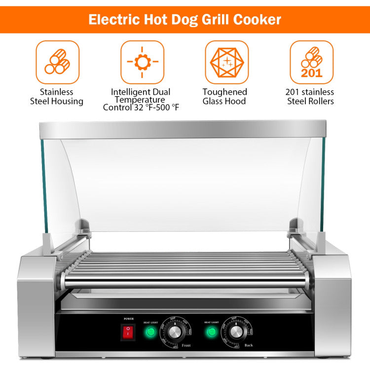 Stainless Steel 11-Roller Hot Dog Cooker, Holds 30 Hot Dogs