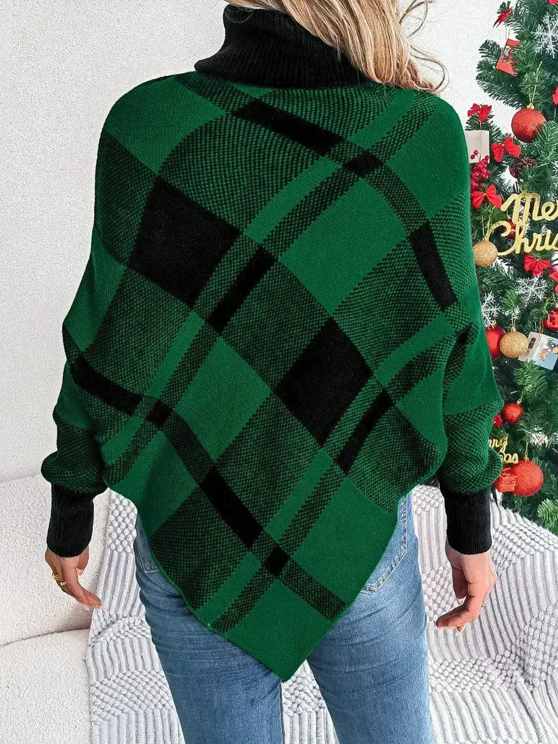 Plaid Turtleneck Batwing Sleeve Sweater