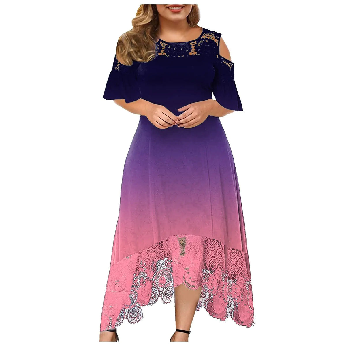 Trendy Plus-Size Gradient Lace Shoulder Dress for Women