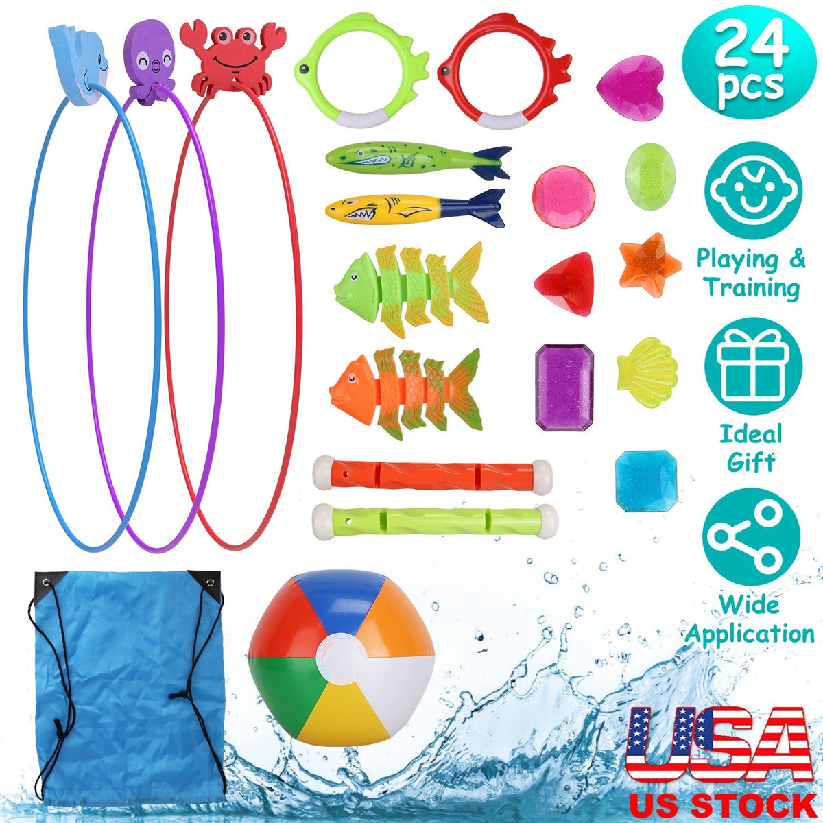 24Pcs Diving Toys Swimming Pool Toys Swim Toys for Kids Aged 3+ Years Old Swim Thru Rings Torpedoes Gems Volleyball Storage Bag