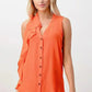 Silk Sleeveless Ruffle Blouse - Asymmetrical Button-Up Top in Orange & Blue | Femstylo