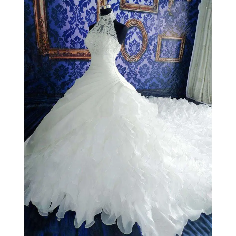High-End Ruffled Wedding Dress with Train