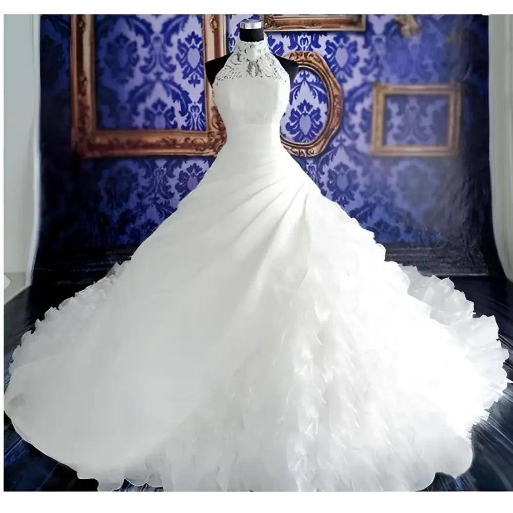 High-End Ruffled Wedding Dress with Train