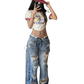 Plus Size American High Street Wide Leg Ripped Denim Women's Summer Retro High Waist Straight-leg Loose Mop Pants Pants