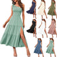 Mint Green Pleated Layered Hem Split Dress