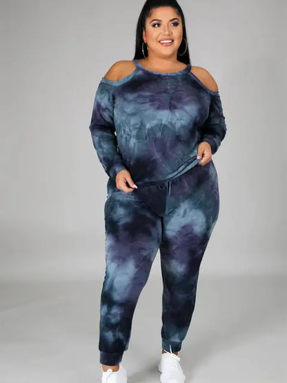 Plus Size Women's Off Shoulder Tie Dye Casual Suit