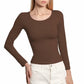 BRISIRA Women's Brown Long Sleeve Scoop Neck Crop Top Slim Fit Size S