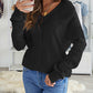 EVALESS Women's Medium Black V Neck Striped Sweater Pullover Knit Top