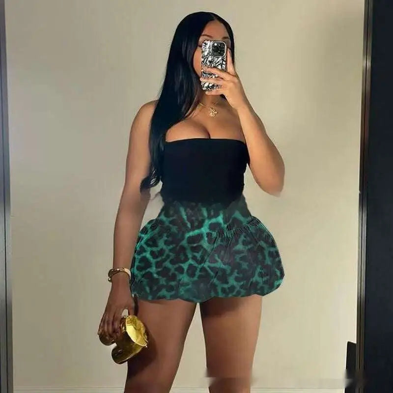 Leopard Print Pleated Puffy Skirt