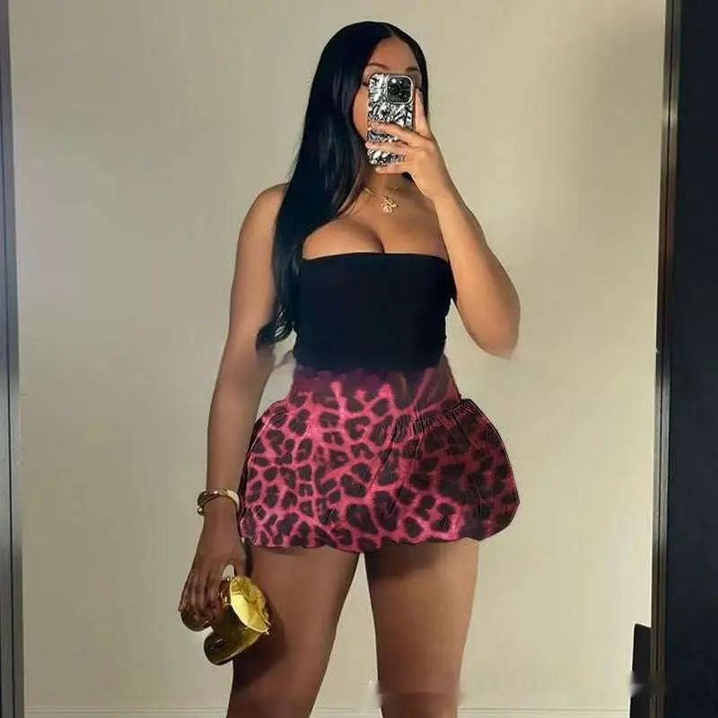 Leopard Print Pleated Puffy Skirt