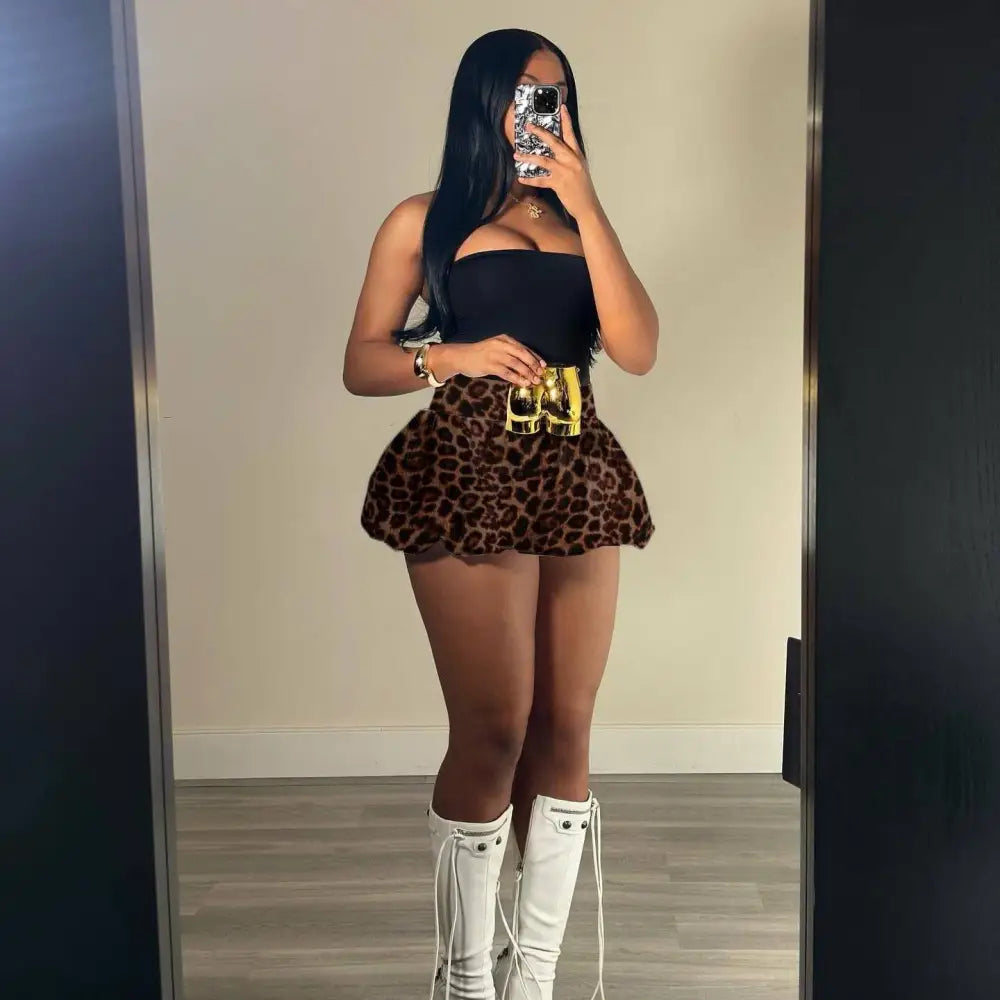 Leopard Print Pleated Puffy Skirt