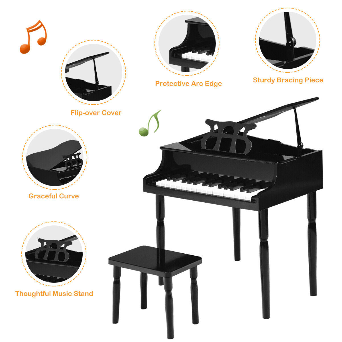 30-Key Wood Toy Kids Grand Piano with Bench & Music Rack-Black