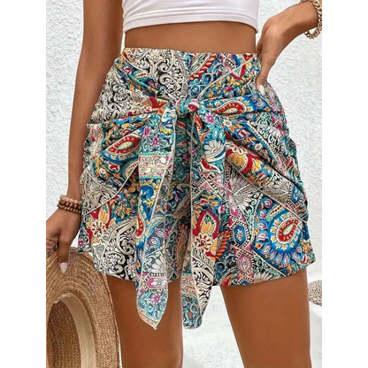 Slimming Lace Up Printed Irregular Skirt