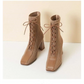 Tan Lace Up Square Toe Chunky Heel Knit Boots