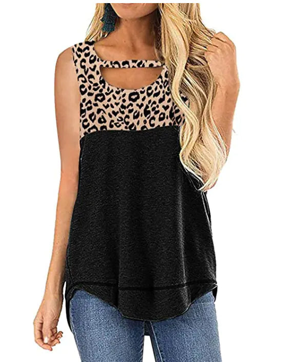 Women's Sleeveless Color Block Leopard Print Top