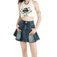 Vintage Denim Skirt High Waist Cream Halter Set