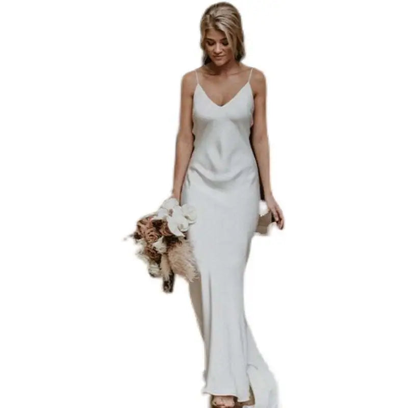 White Satin Evening Gown with Train