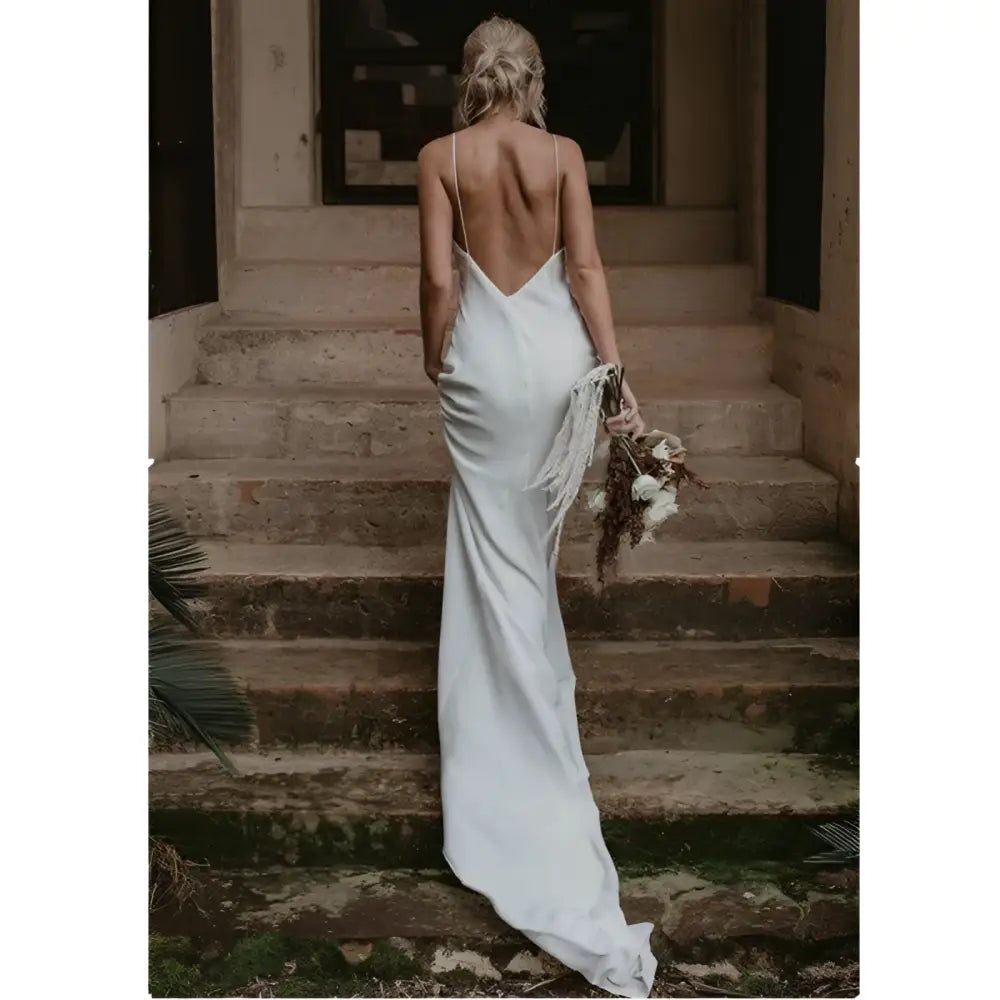 White Satin Evening Gown with Train