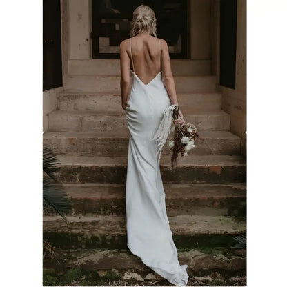 White Satin Evening Gown with Train
