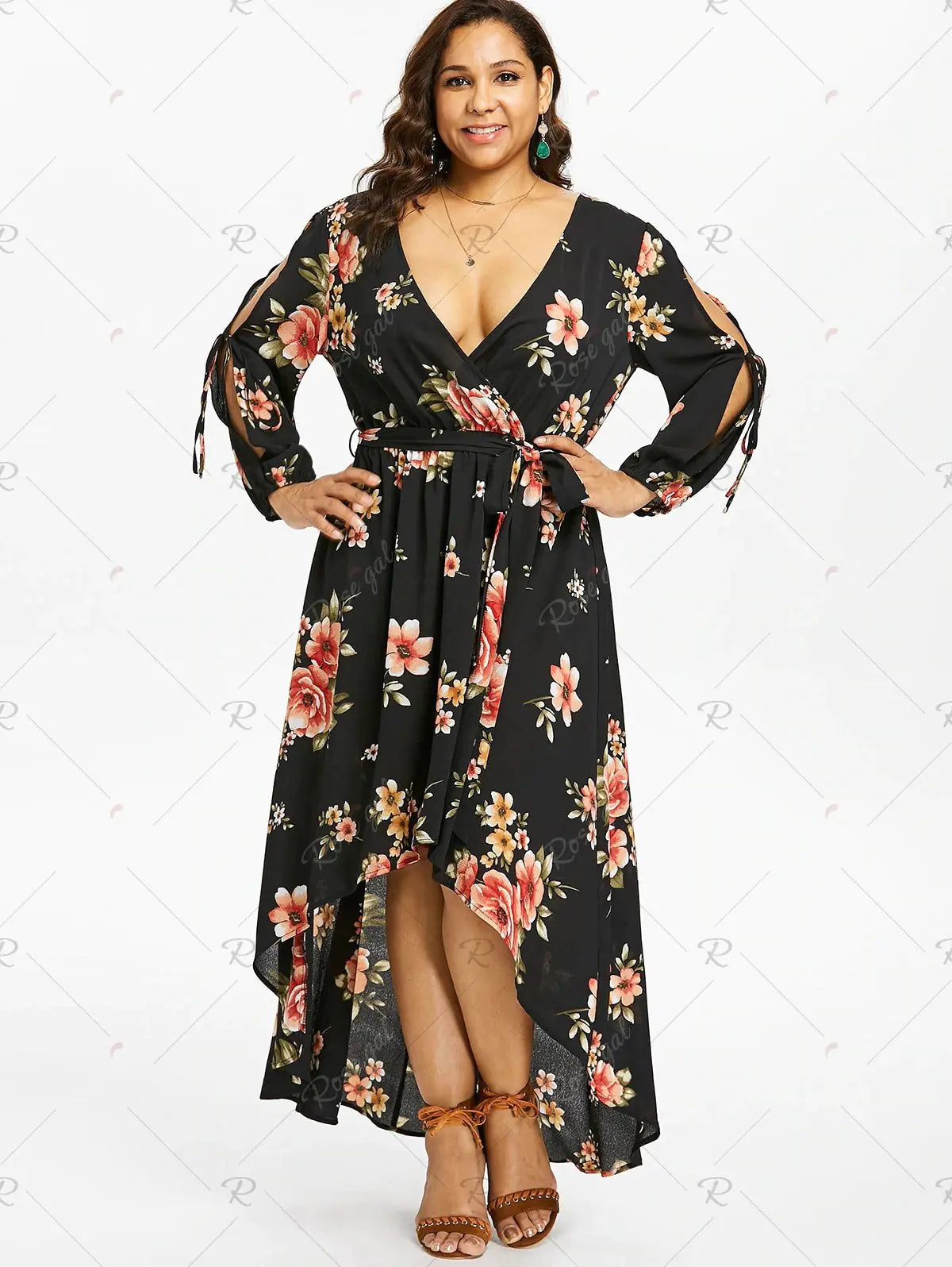 Plus Size Long Sleeve Floral Off-Shoulder Dress